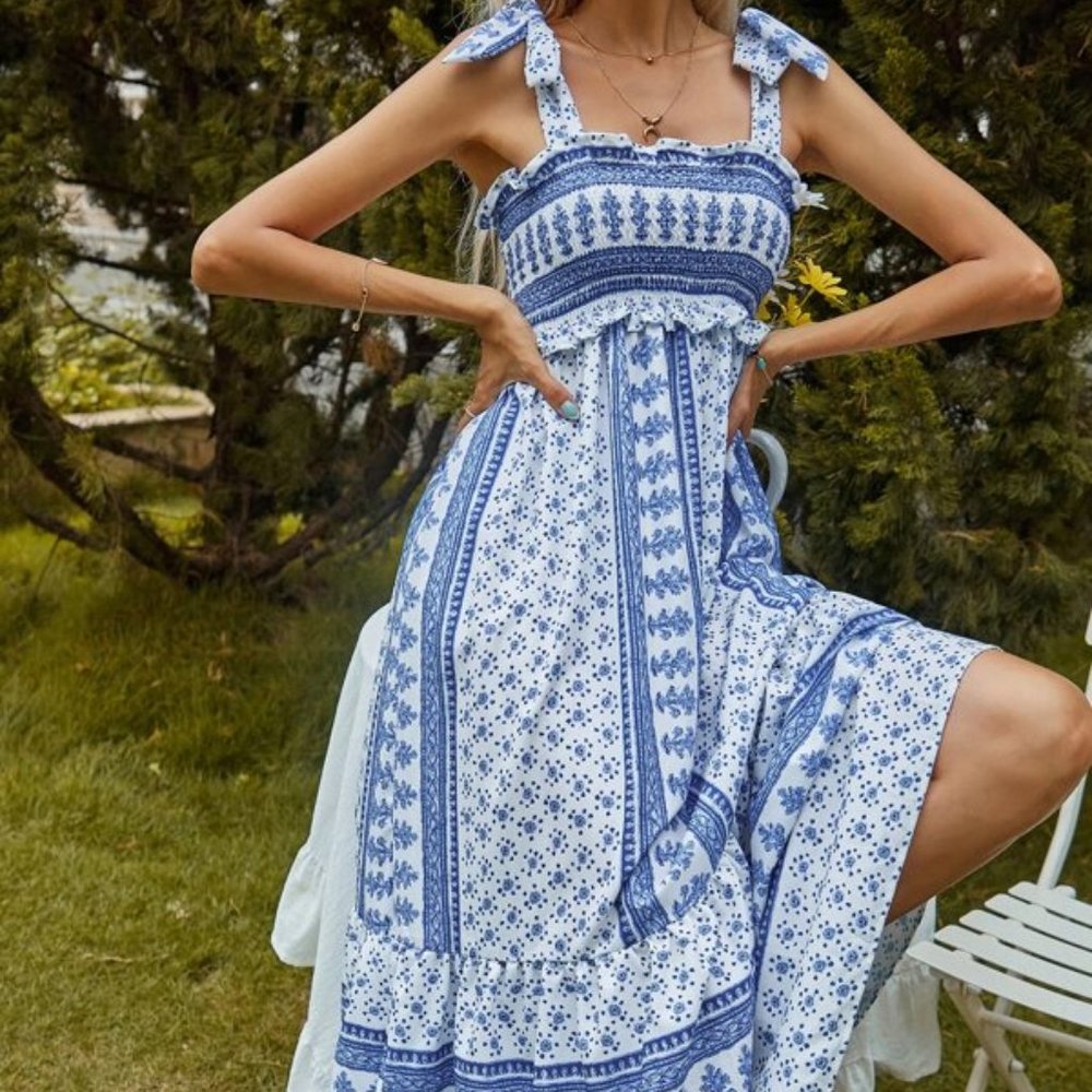 Boho Blue & White Midi Dress